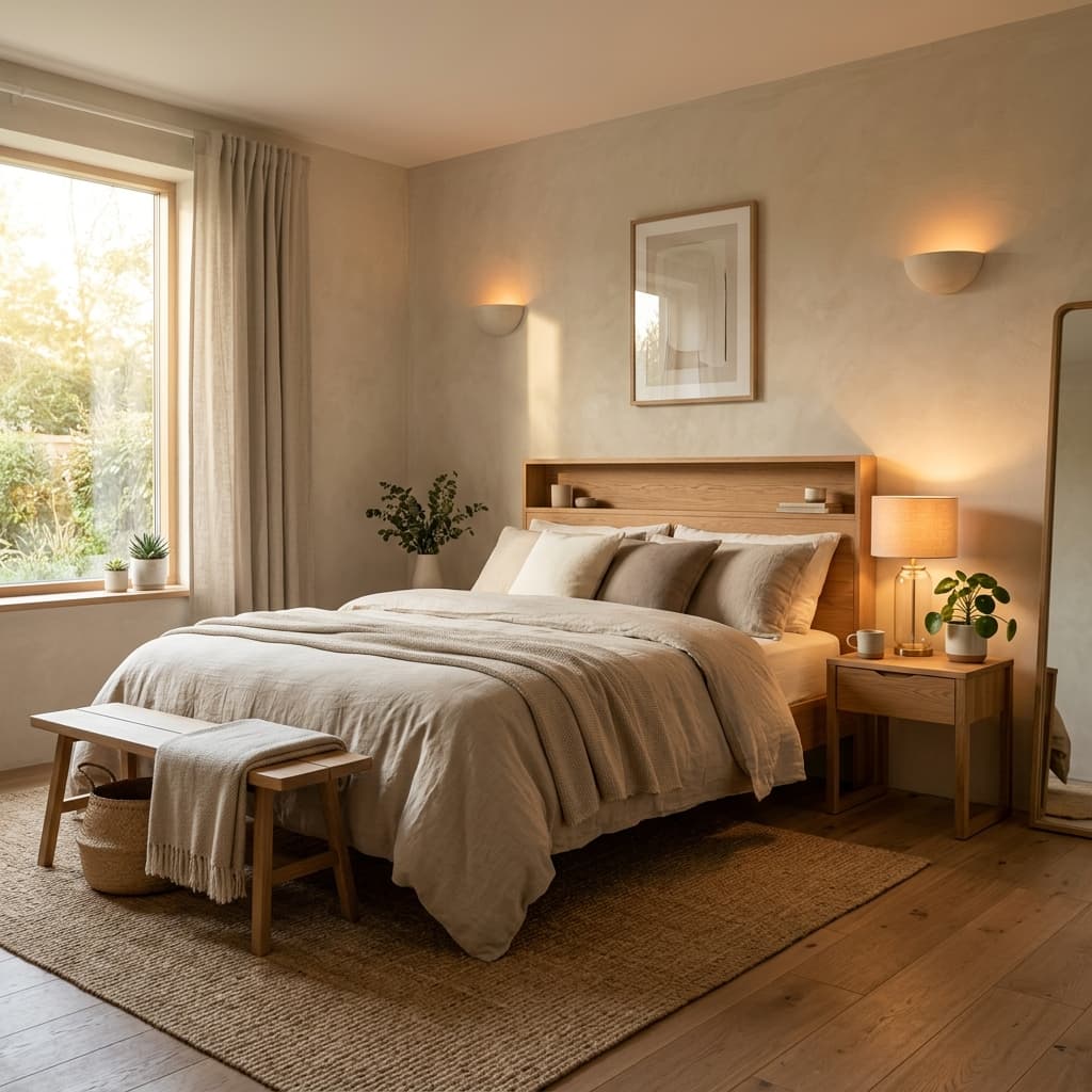 Circadian bedroom lighting: soft biophilic bedside lamps and natural warm tones