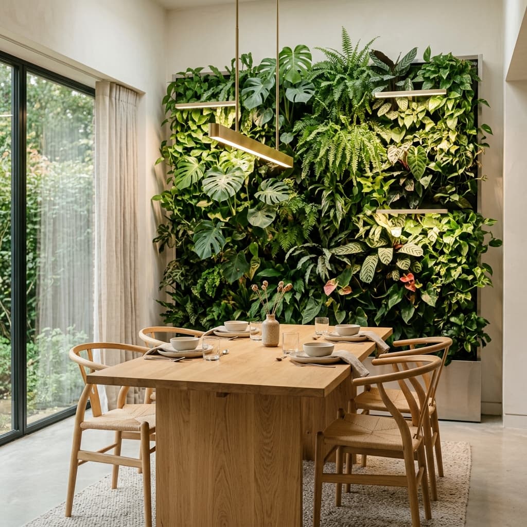 Vertical green living wall in a modern dining room with oak furniture