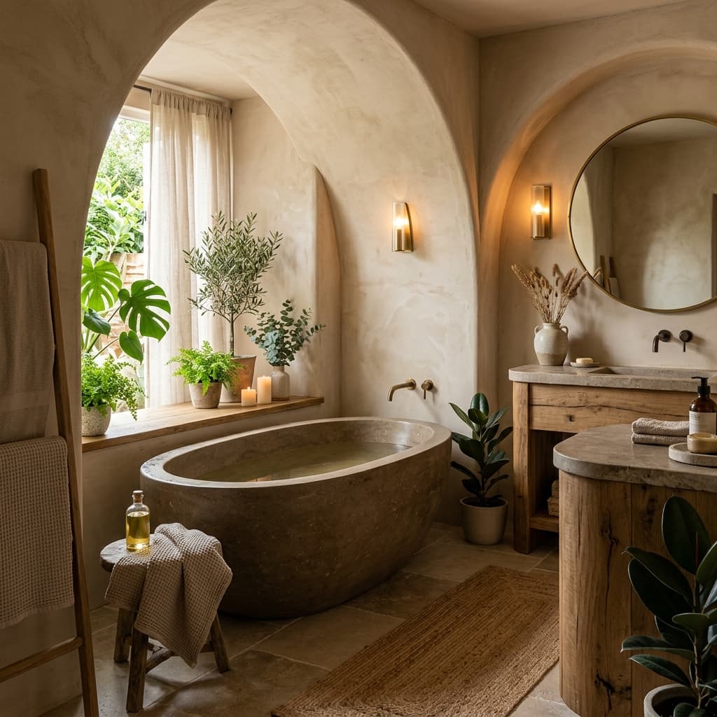 Spa-like bathroom with a freestanding stone tub, curved arches and warm plaster textures