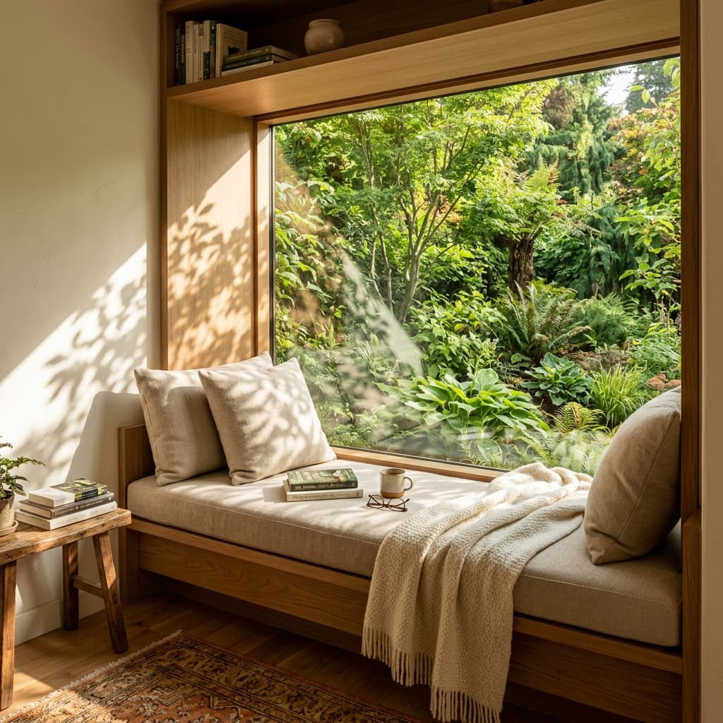 Cozy reading nook alcove next to a large window overlooking a garden