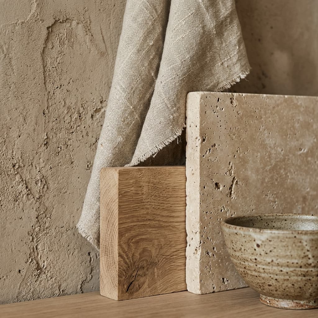 Organic textures close-up: raw clay plaster, unbleached linen, light oak and travertine stone