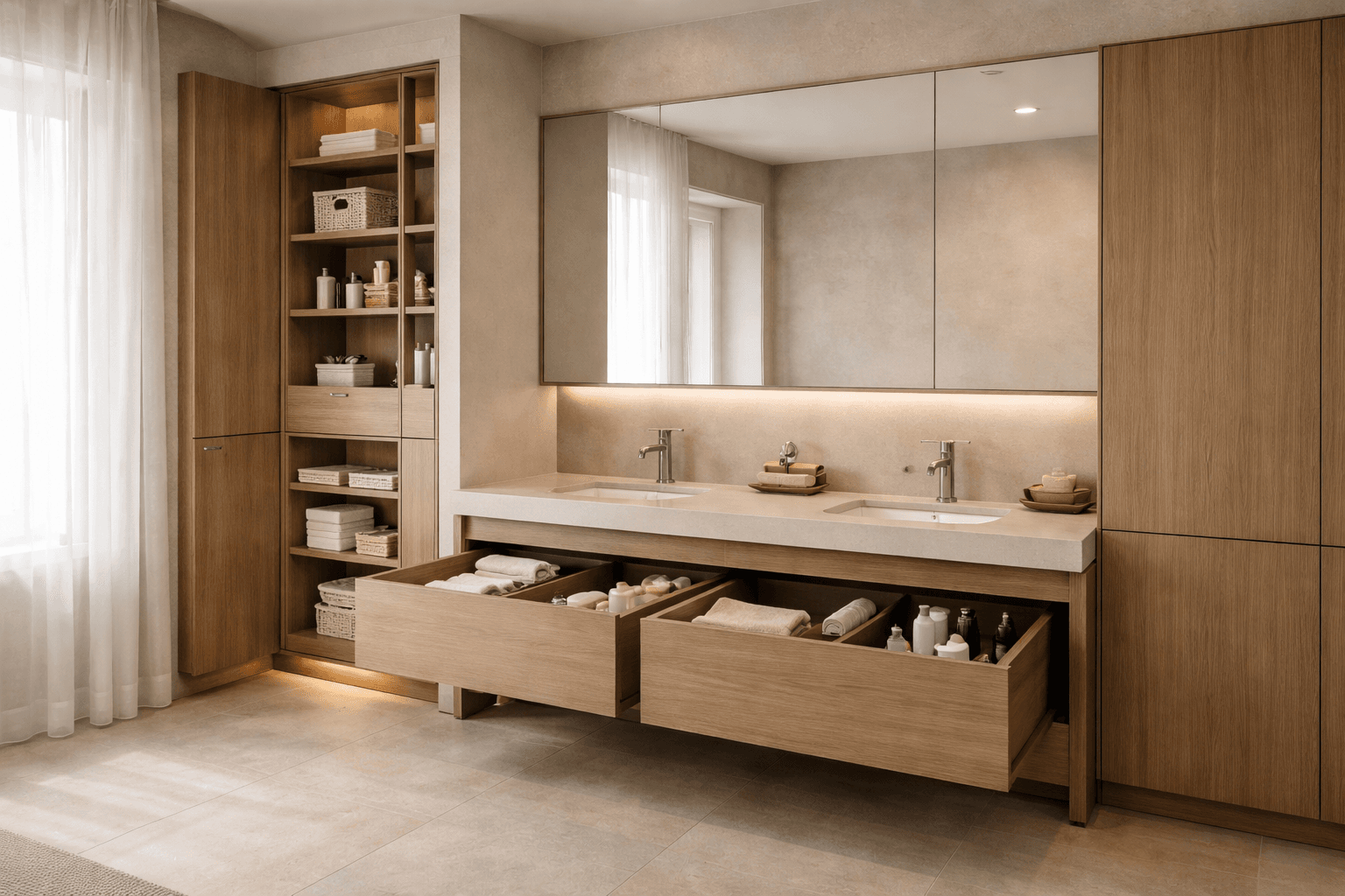 Встроенное хранение в ванной с глубокими ящиками, пеналом и аккуратной организацией вещей