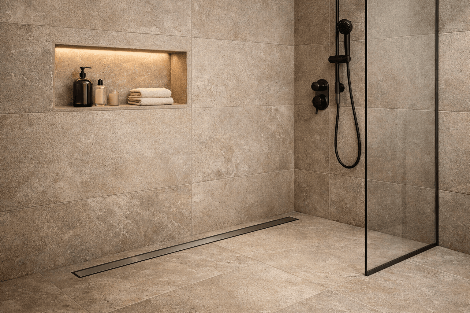 Душевая зона без порога с линейным сливом, нишей и теплой нейтральной плиткой