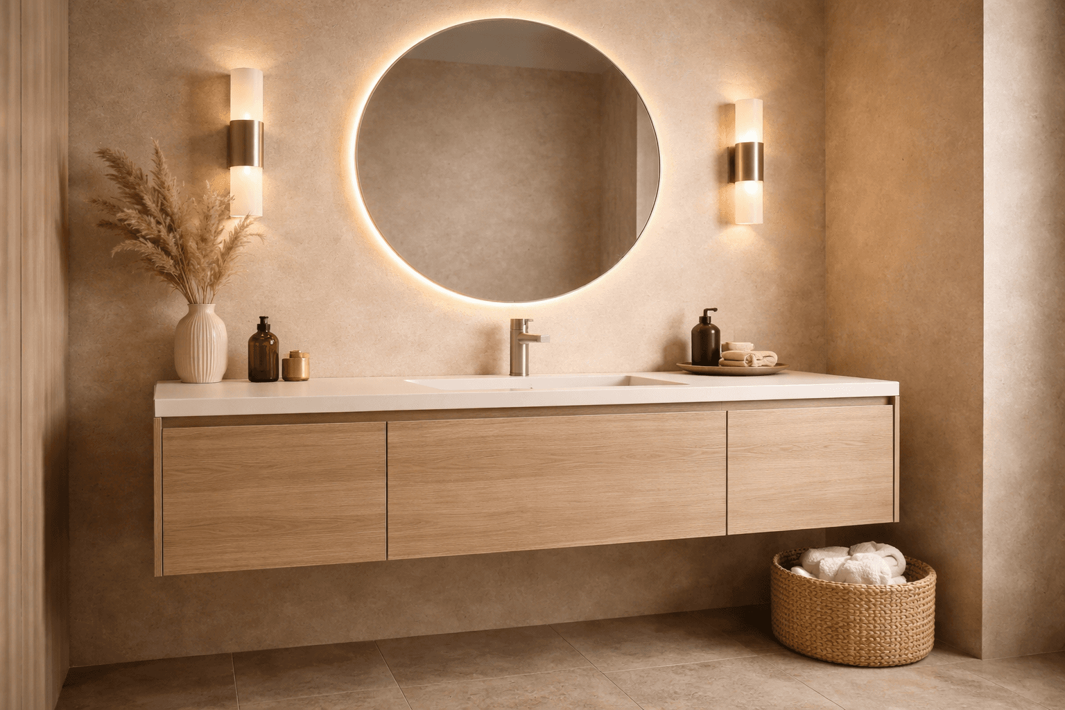 Подвесная тумба под светлый дуб, круглая подсветка зеркала и мягкая теплая отделка ванной