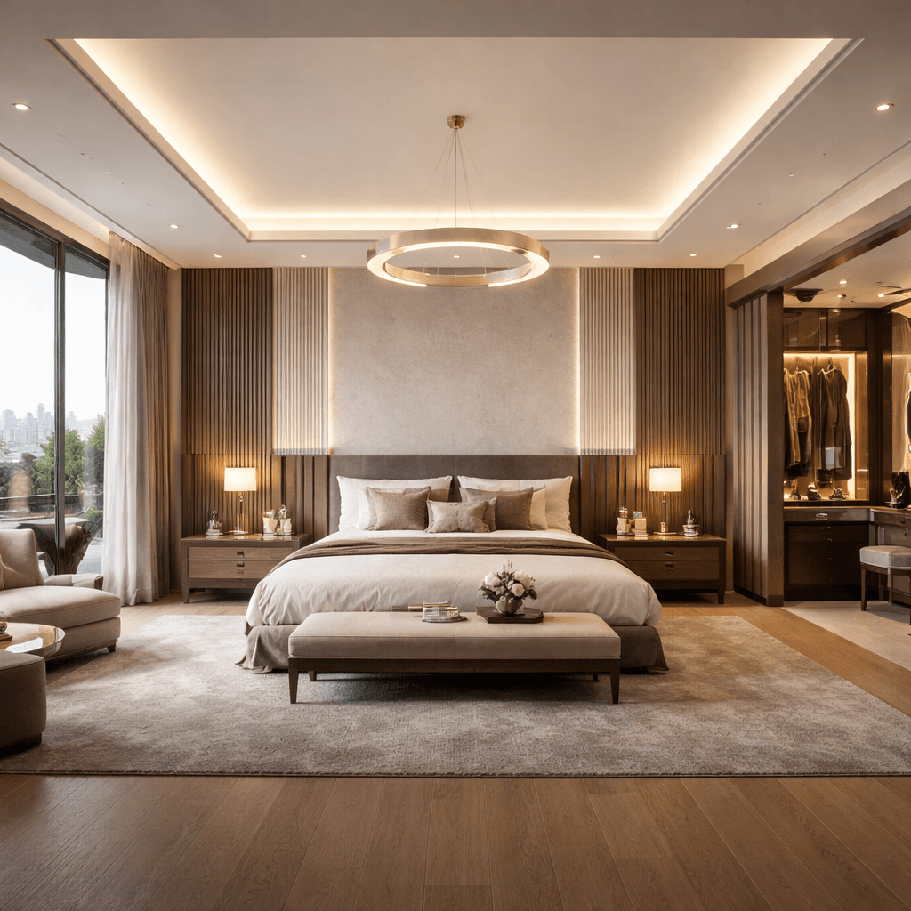 Панорамный вид современной роскошной спальни