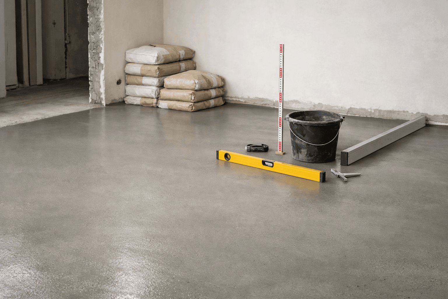 Разбираем, как рассчитать стяжку пола без угадывания: площадь, средняя толщина, объем, расход сухой смеси, количество мешков, вода и запас на работы.