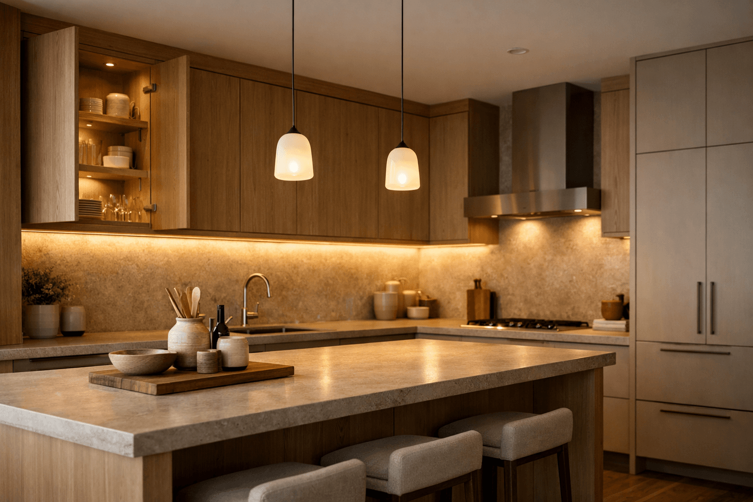 Скрытая подсветка кухни: свет под верхними шкафами, внутри шкафов и над рабочей зоной