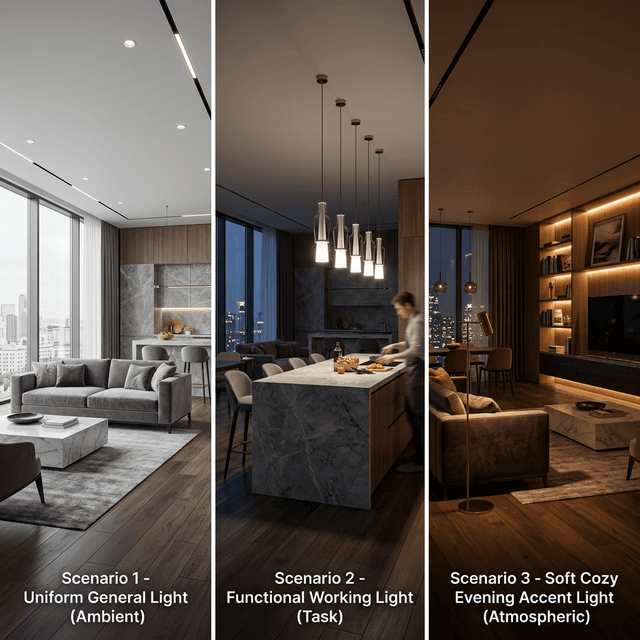Three-layer lighting setup in a modern apartment