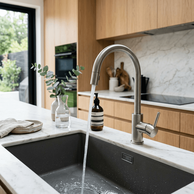 Кухонная зона с чистой водой и современным смесителем