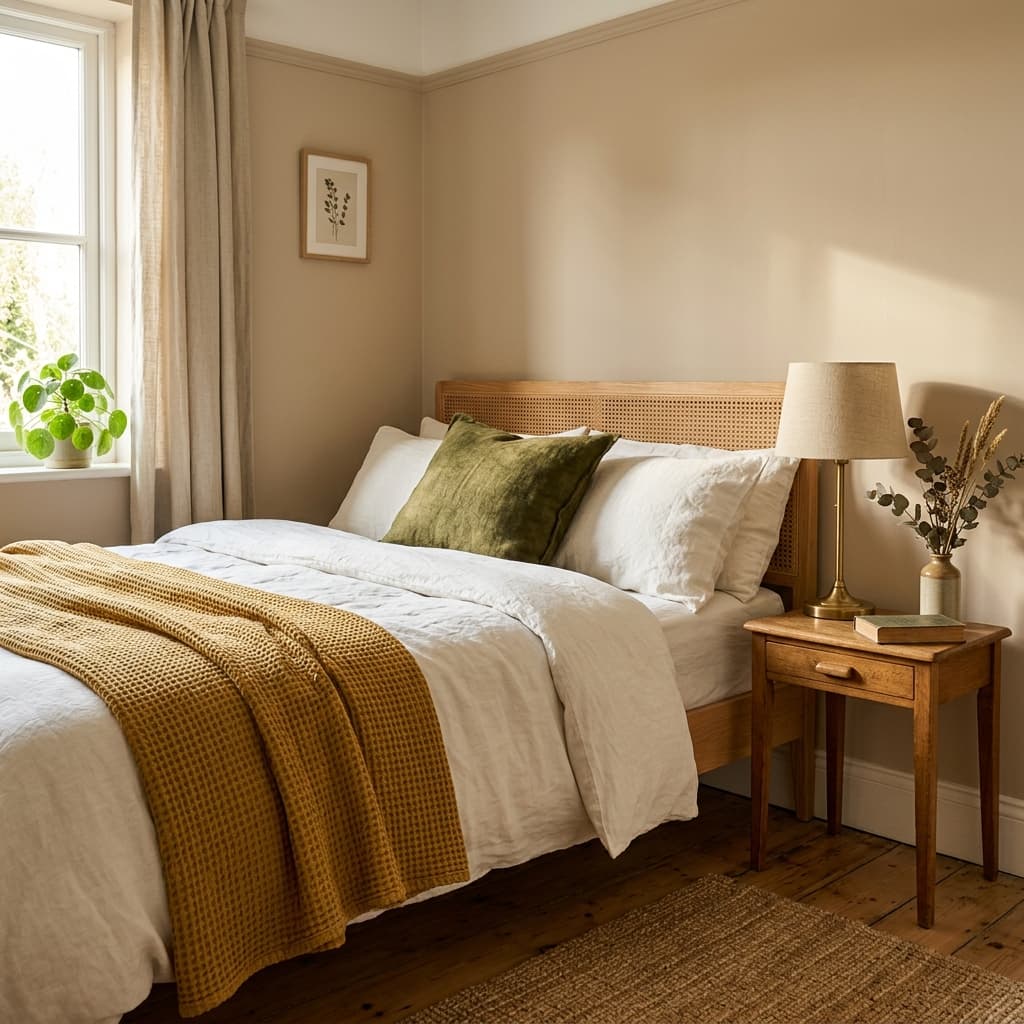 Nature inspired accent colors: olive green cushion and mustard yellow throw blanket in bedroom