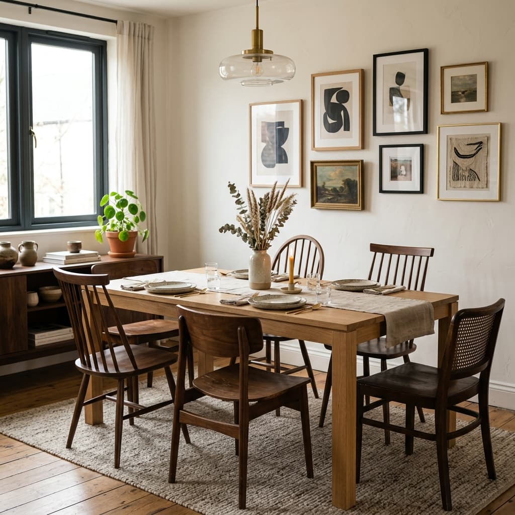 Mixed wood tones in dining room: pairing light oak dining table with dark walnut chairs