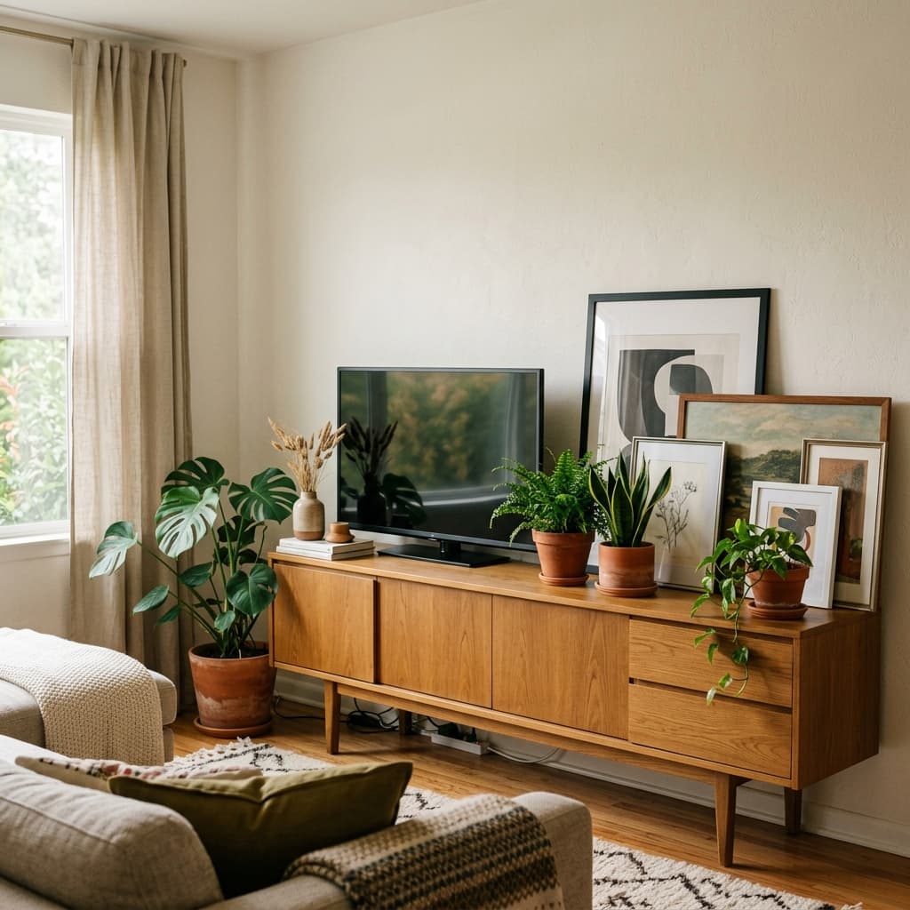 Asymmetrical art layout and open TV placement in living room