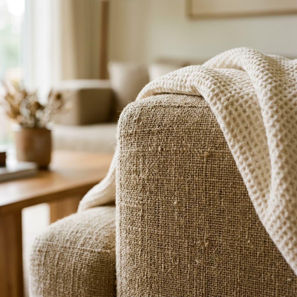Coarse textured natural linen sofa upholstery instead of outdated boucle