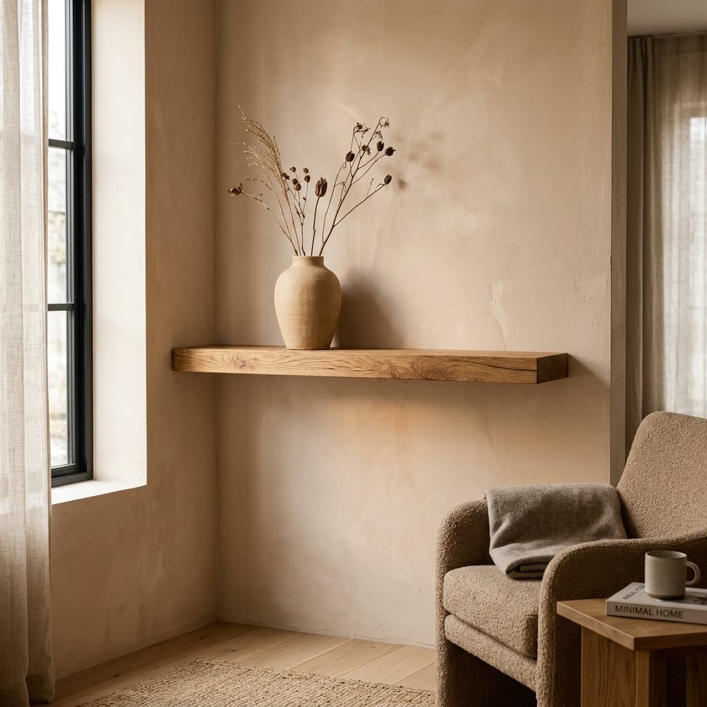 Warm minimalism living room: warm beige clay walls and natural oak furniture