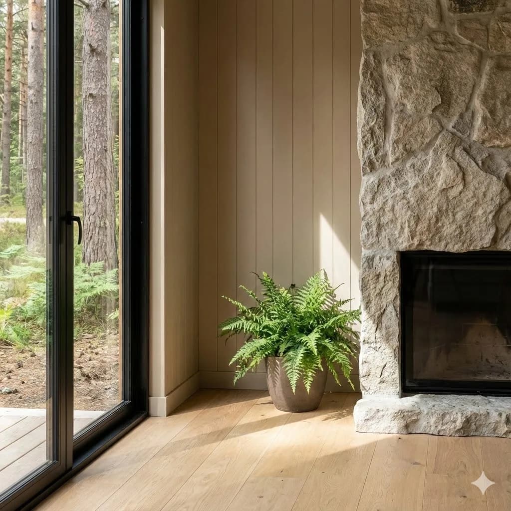 Biophilic design in a modern home with natural stone and panoramic view