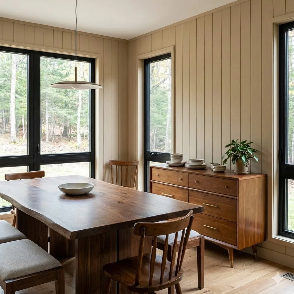 Dark wood furniture and vintage accents in a modern home