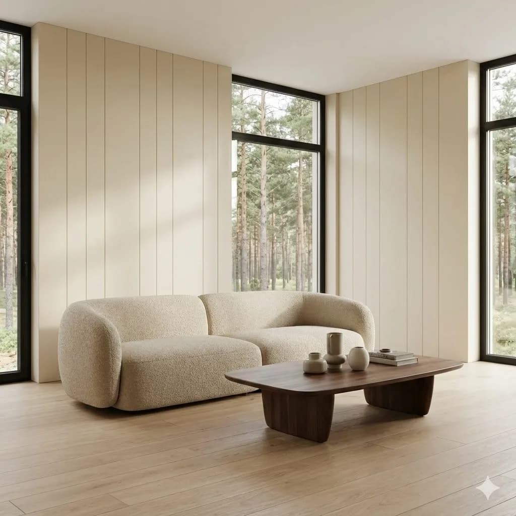 Soft Minimal living room interior with beige tones and textured walls