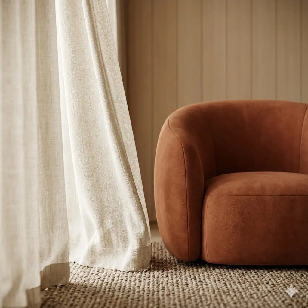 Textured fabrics and rounded furniture shapes
