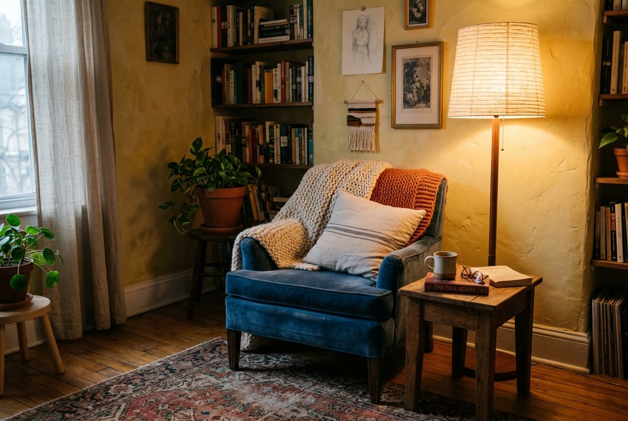 Local warm floor lamp illumination with a textured diffuse shade