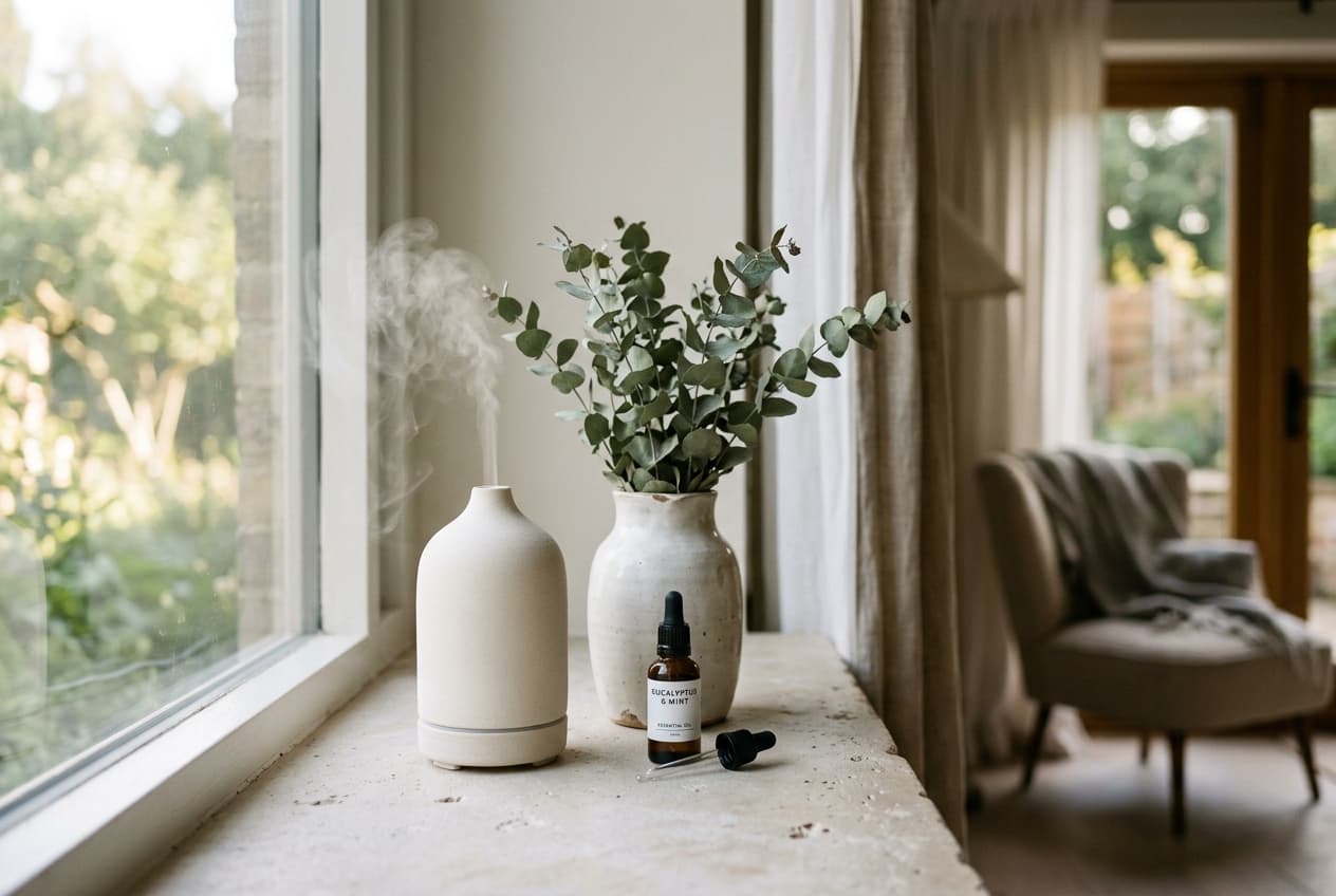 Serene windowsill with an ultrasonic ceramic diffuser and dried eucalyptus branches