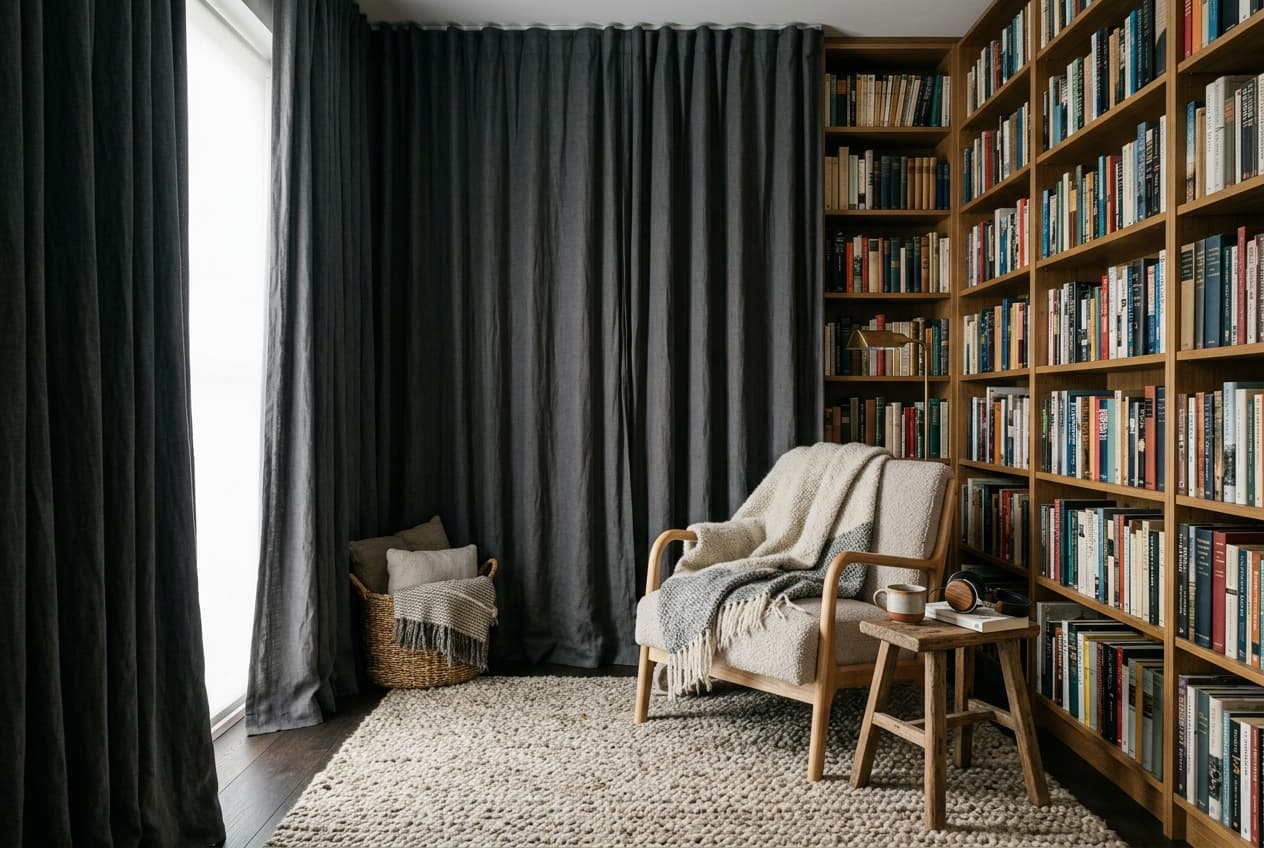 Acoustic relaxation lounge with floor-to-ceiling heavy drapes, wool rug, and bookshelves