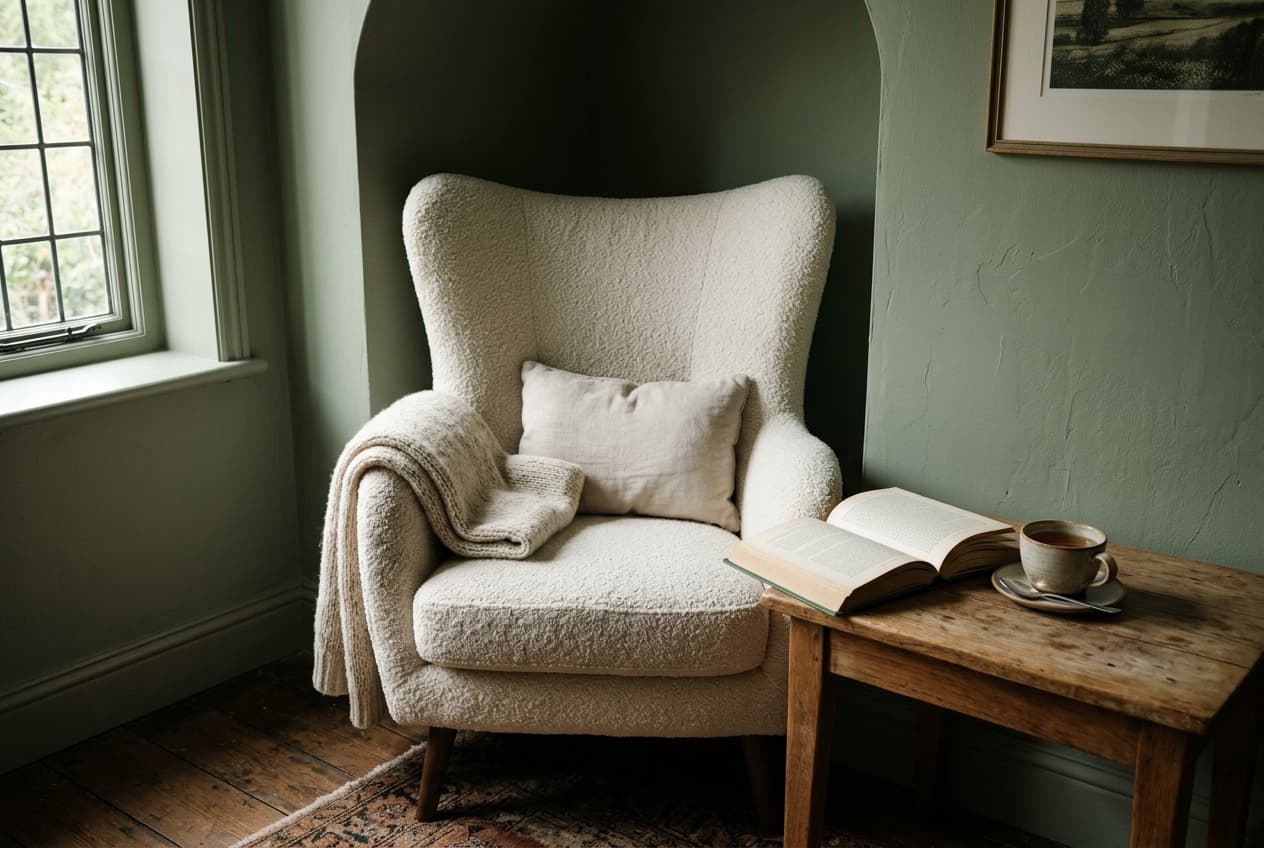 Deep armchair nestled in an architectural alcove beside filled bookshelves
