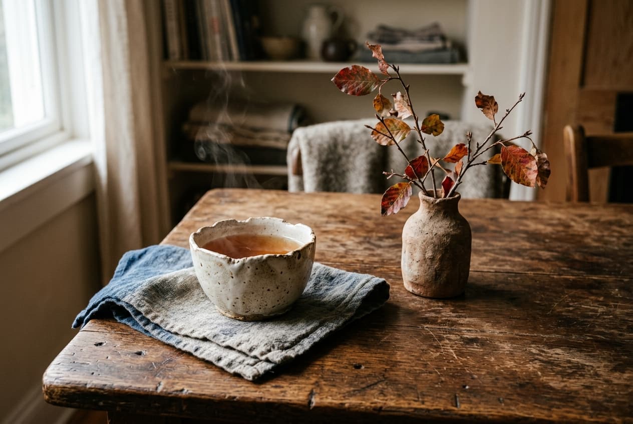 Artisanal handmade stoneware cup with steaming tea on a patinated oak table with linen