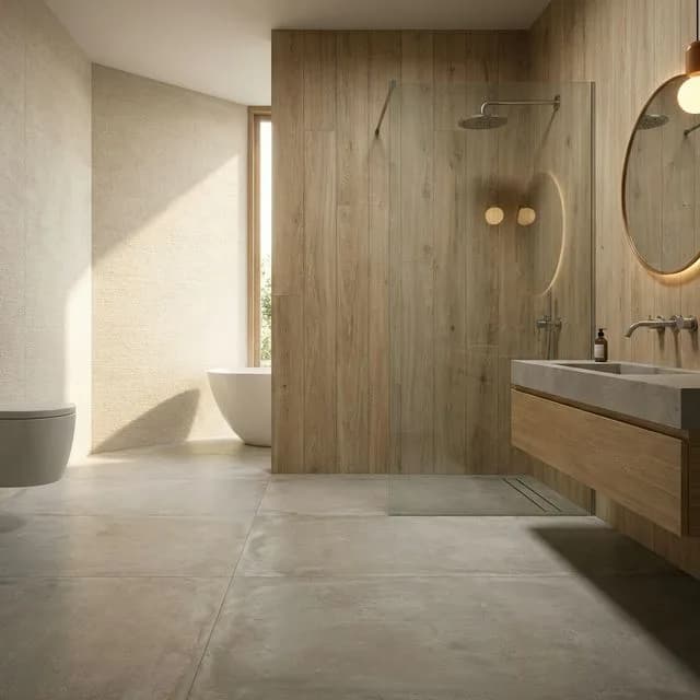 Wood and concrete look porcelain stoneware in a modern bathroom