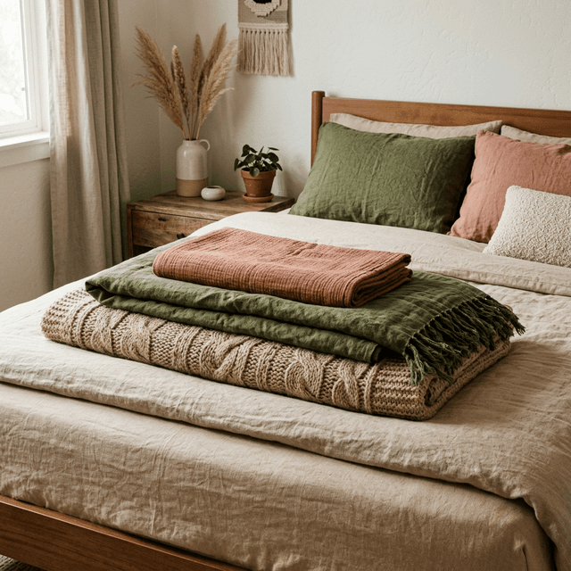 Монохромная спальня в теплых бежевых и глиняных тонах