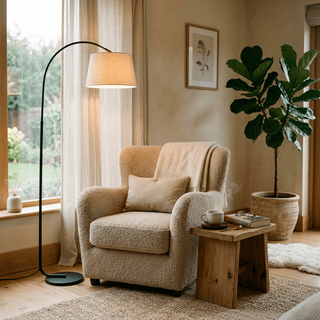 Уголок для чтения с креслом из букле и естественным светом