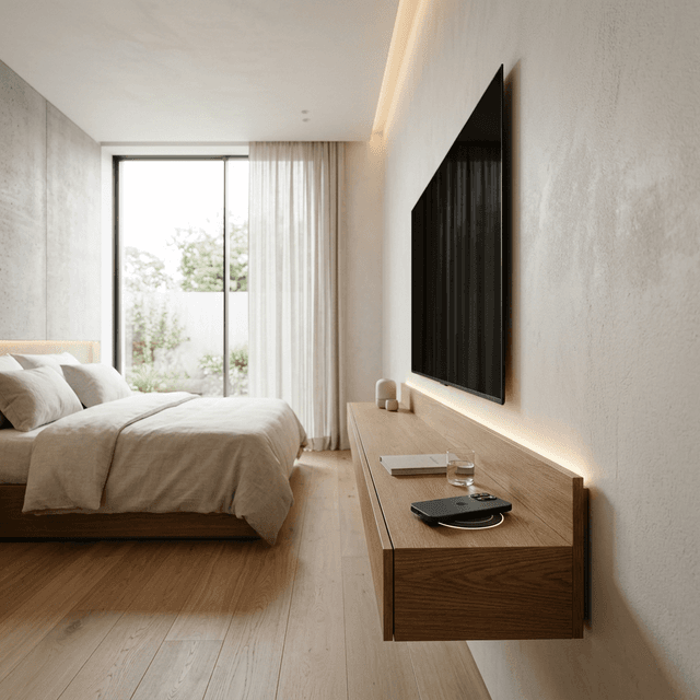 Тонкий выключенный телевизор и умная прикроватная тумбочка с зарядкой