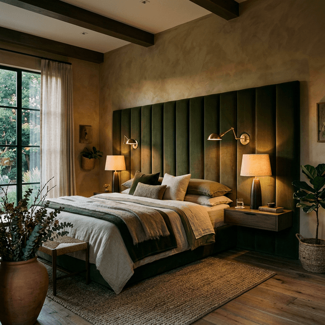 Широкое акцентное изголовье с объемной фактурной стеной