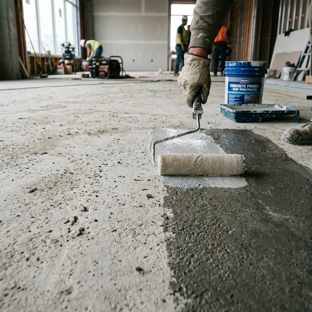 Priming the concrete subfloor slab