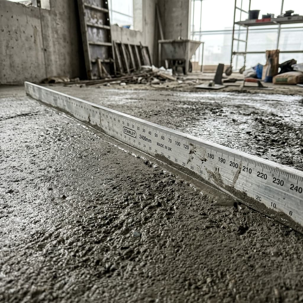 Aluminum straight edge rule on fresh floor screed