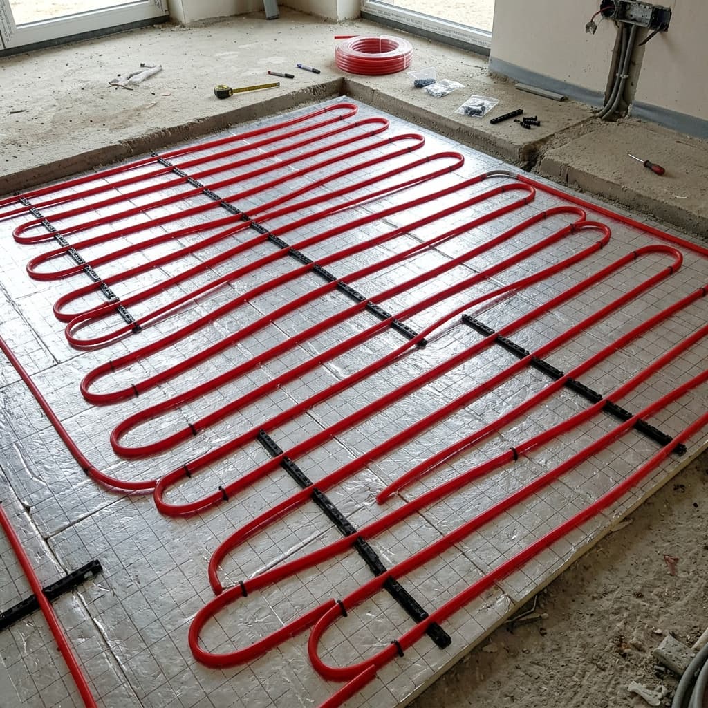 Underfloor heating pipes installed before screed pouring