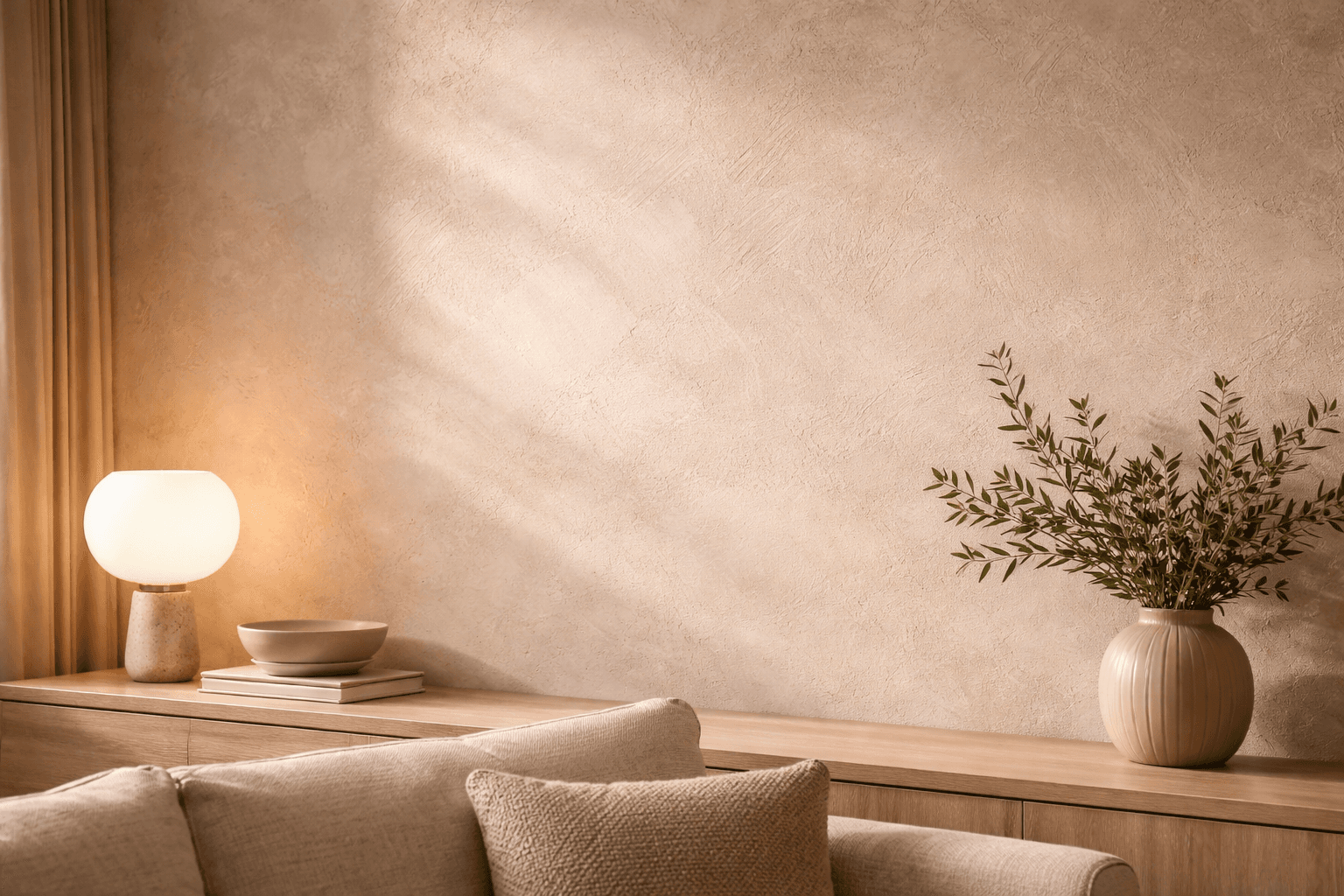 Textured plaster wall finish with warm neutral tone and soft grazing light in a modern interior
