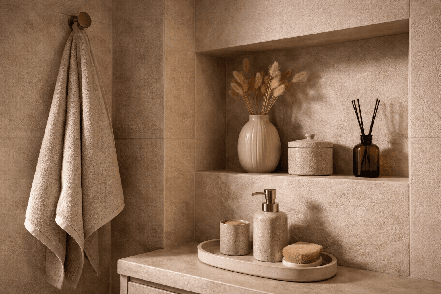 Textured matte tile with a warm neutral tone and tactile depth in a premium interior setting