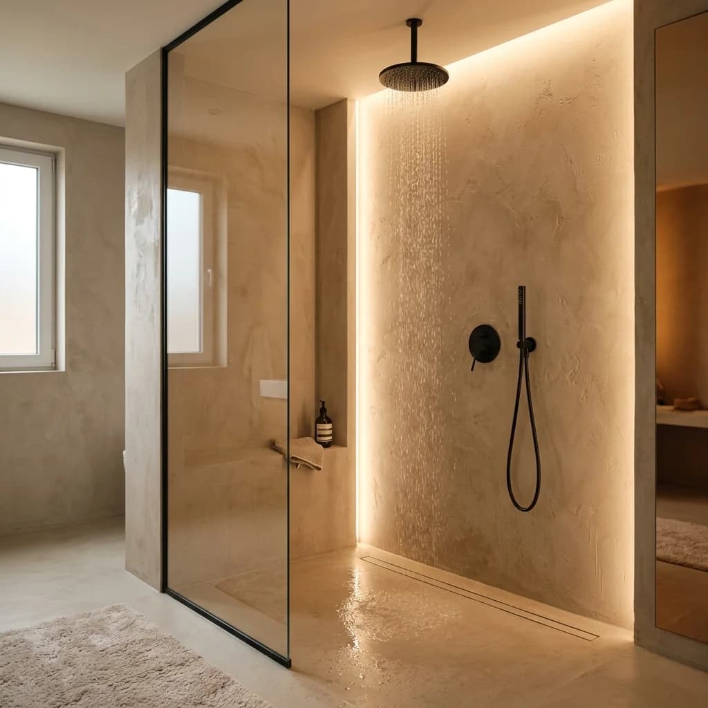 Shower area finished in beige microcement