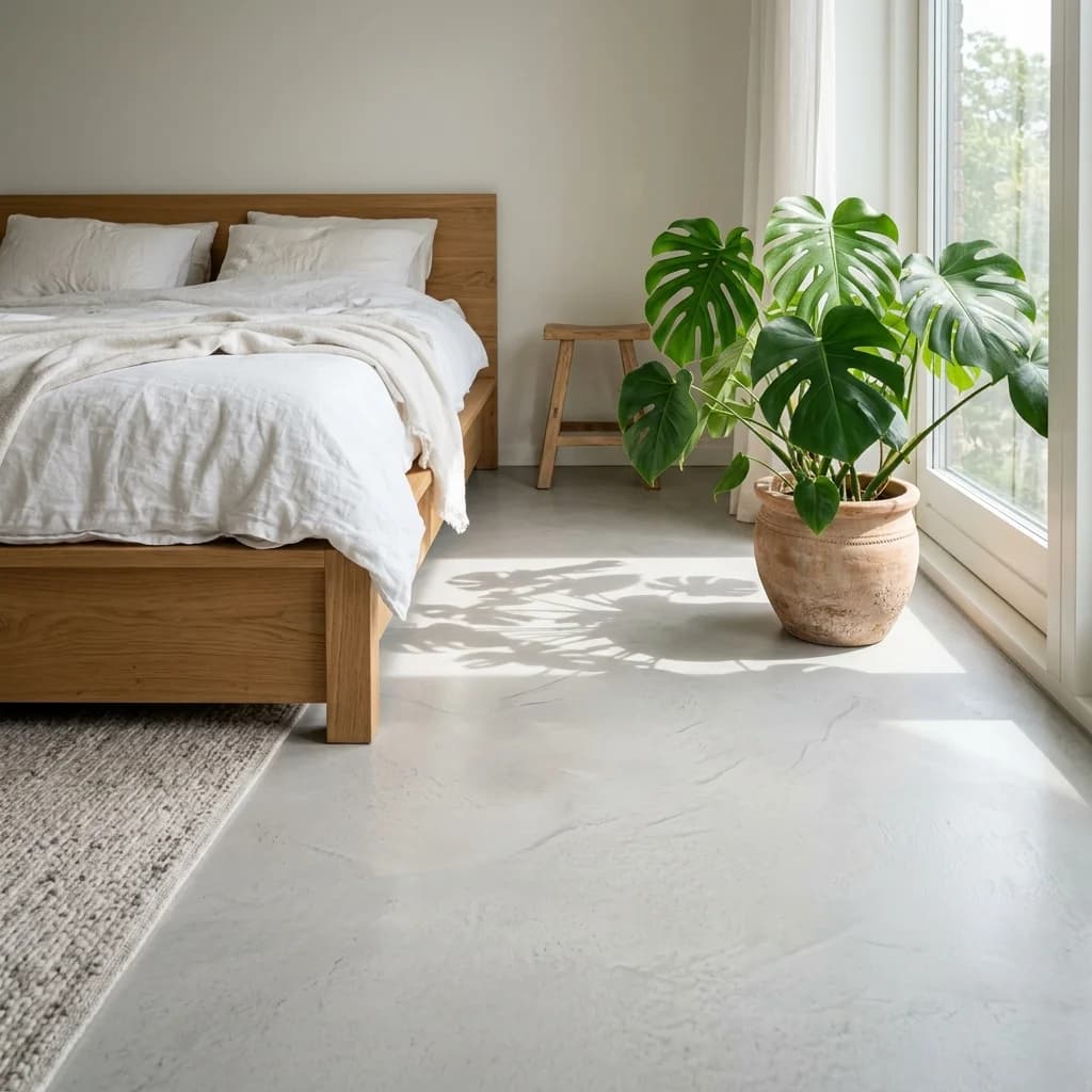 Seamless light grey microcement floor in bedroom