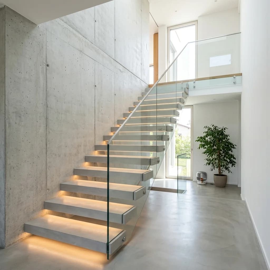 Floating staircase in grey microcement