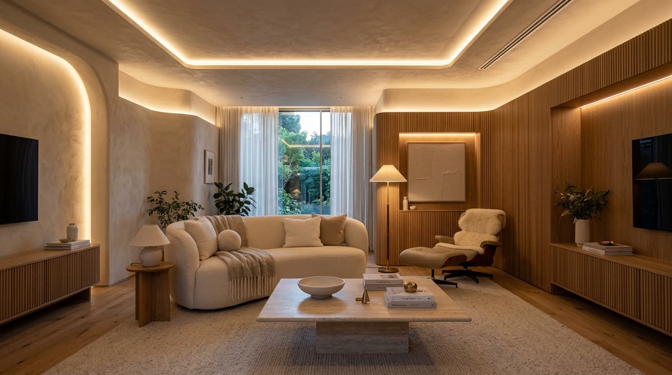 Multi-layered architectural lighting featuring cove illumination and warm tones