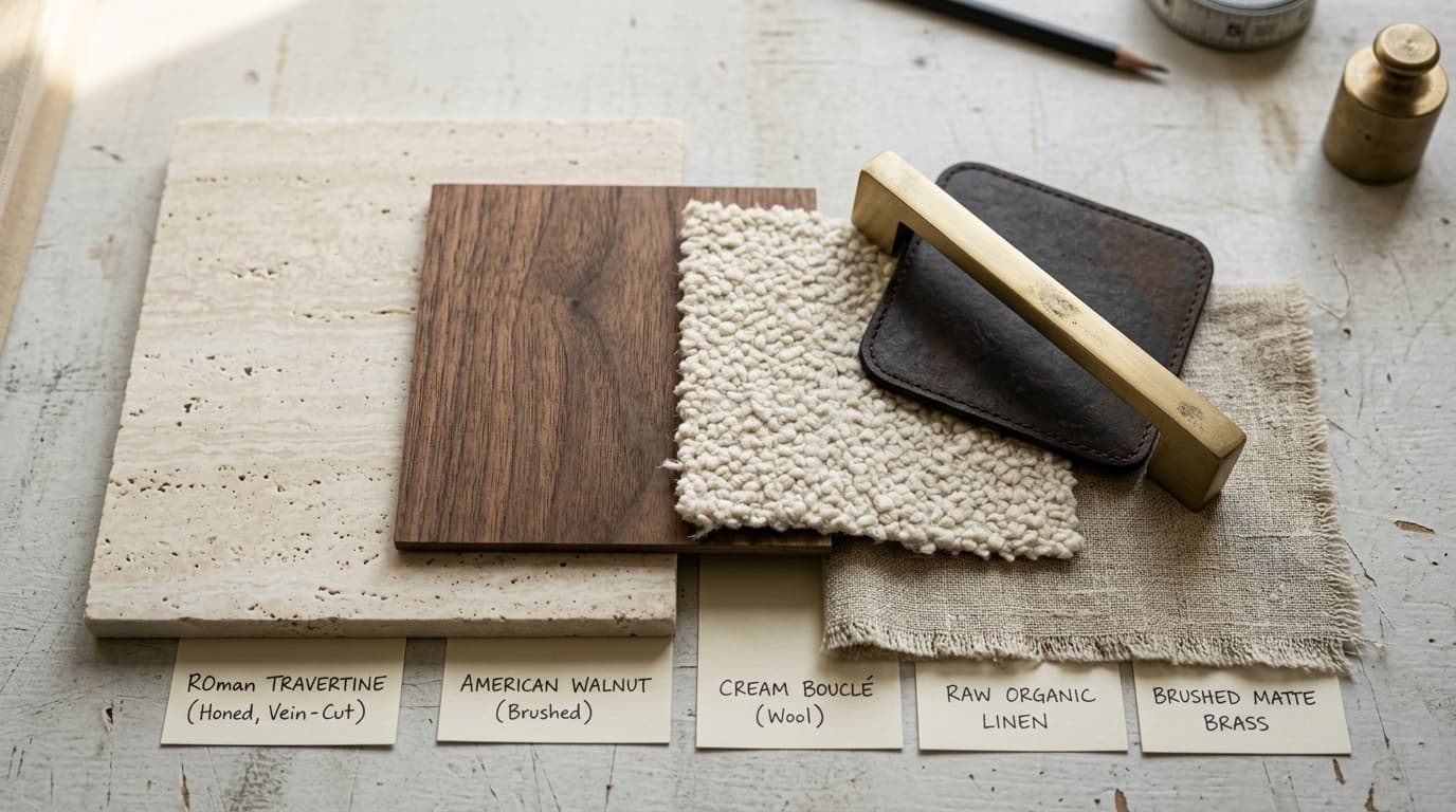 Natural tactile materials: vein-cut travertine, open-pore walnut, and bouclé fabric