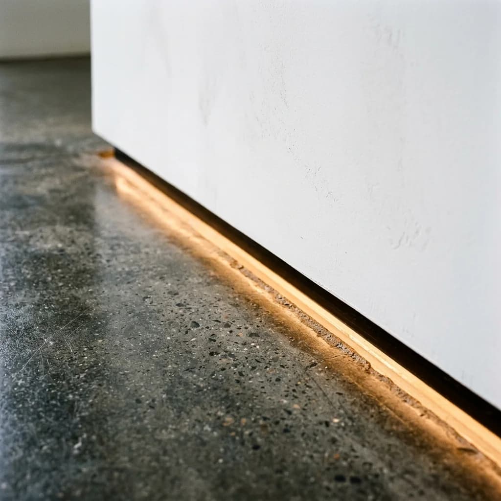 Flush shadow gap profile with warm ambient floor illumination