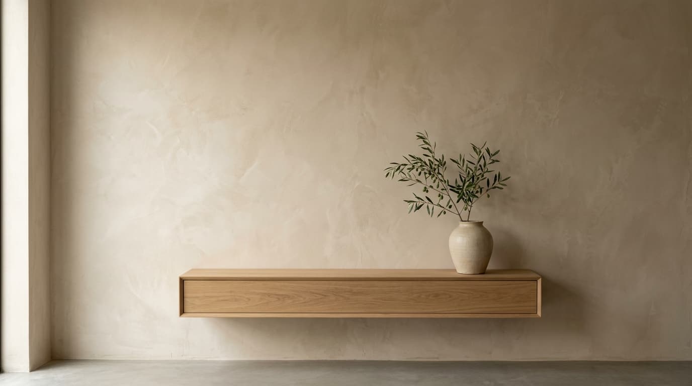 Velvety lime plaster wall with floating oak storage console