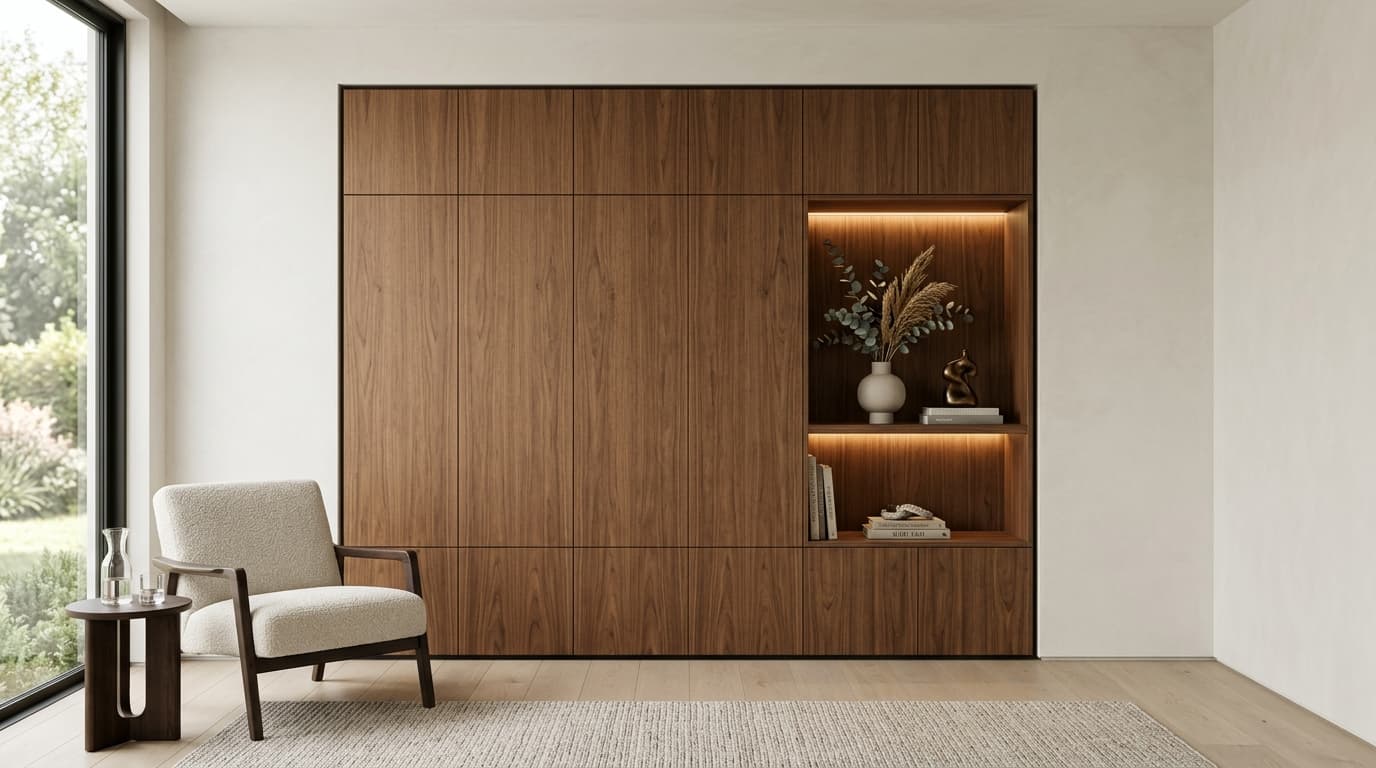 Flush-integrated American walnut built-in cabinetry recessed in wall niche