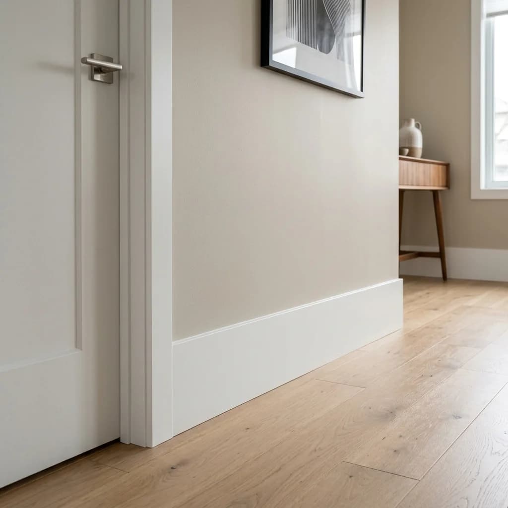 Classic tall white MDF baseboard in a modern interior