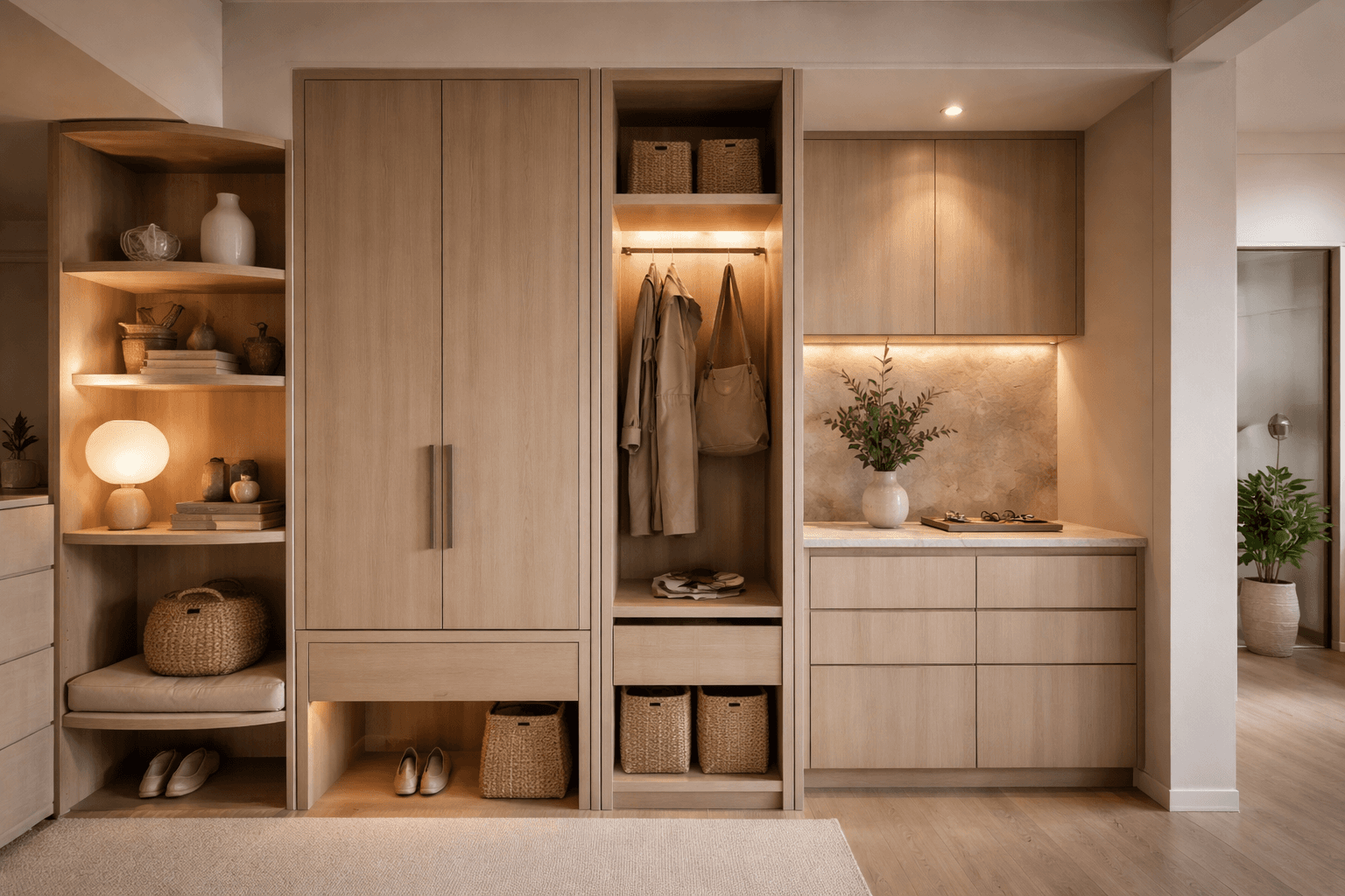 Built-in full-height storage in a small apartment with calm wood finishes and minimal visual clutter