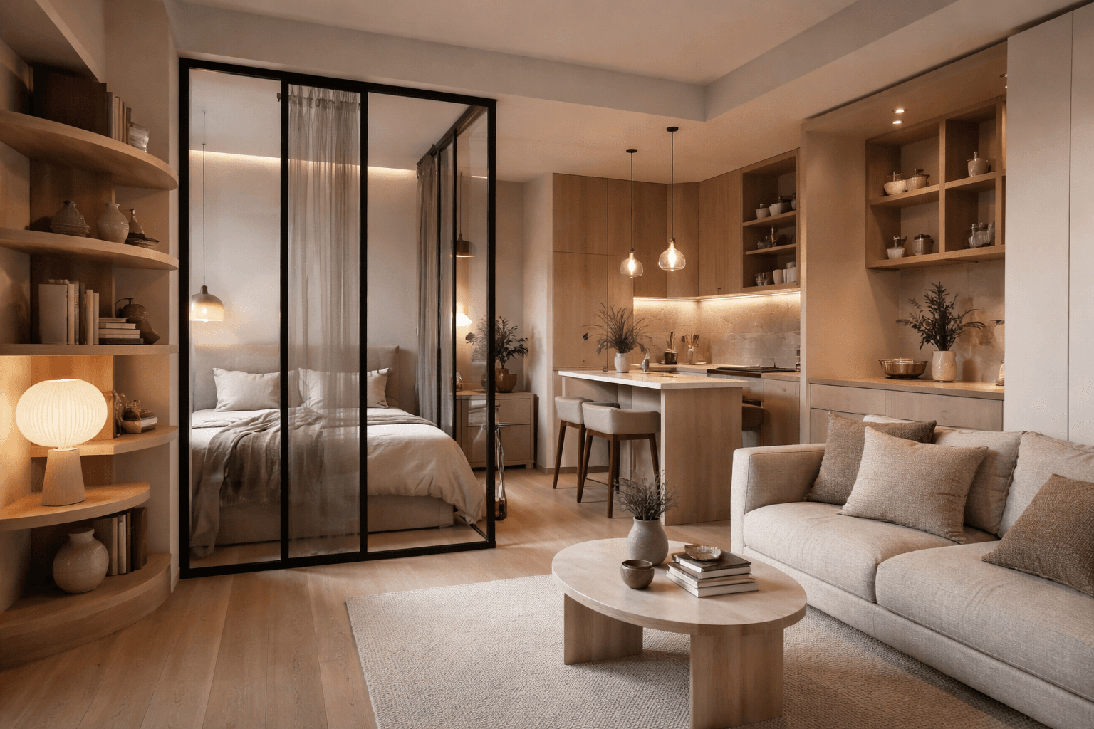 Small apartment with soft zoning using a light partition, layered lighting and warm neutral finishes