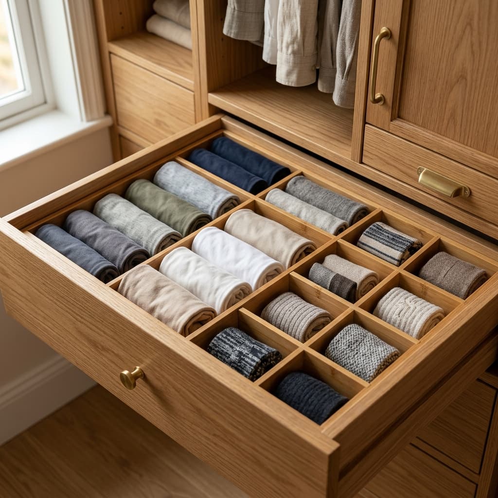 Organized dresser drawer with natural bamboo grid dividers