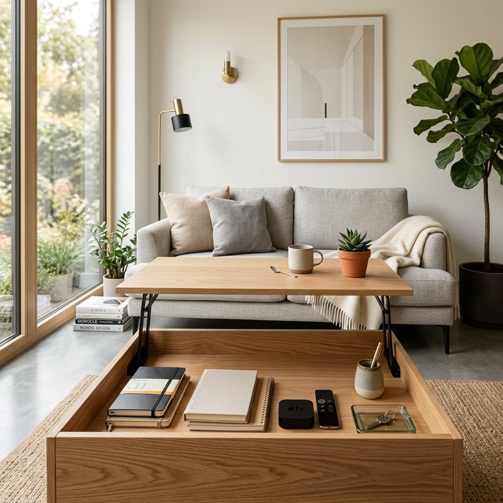 Stylish oak lift-top coffee table with hidden storage compartment